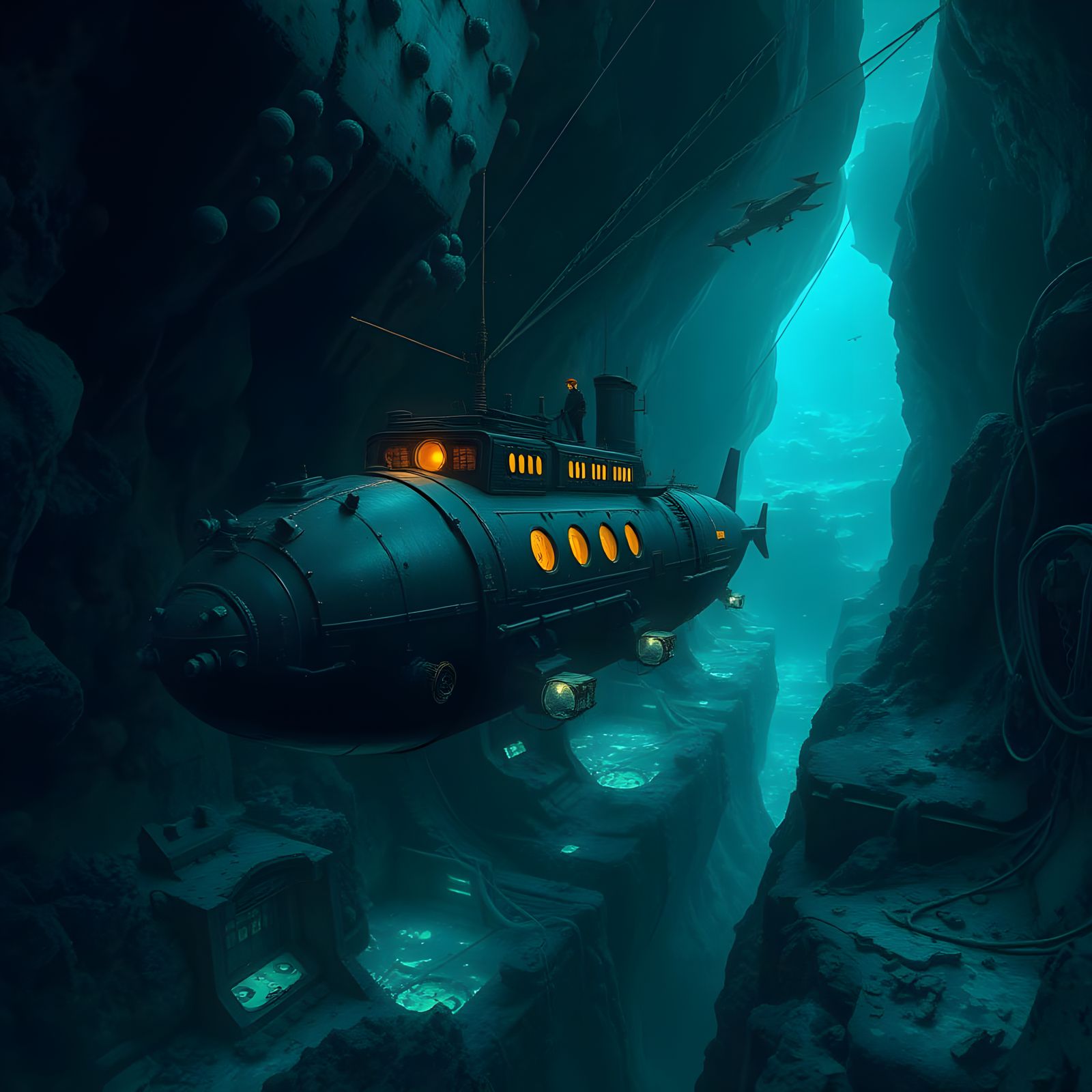 Steampunk Submarine in Bioluminescent Ocean Depths