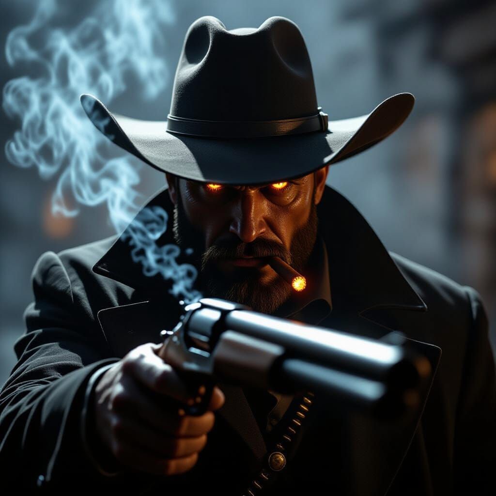 Gritty Western Villain Gripping Shotgun in Noir Style