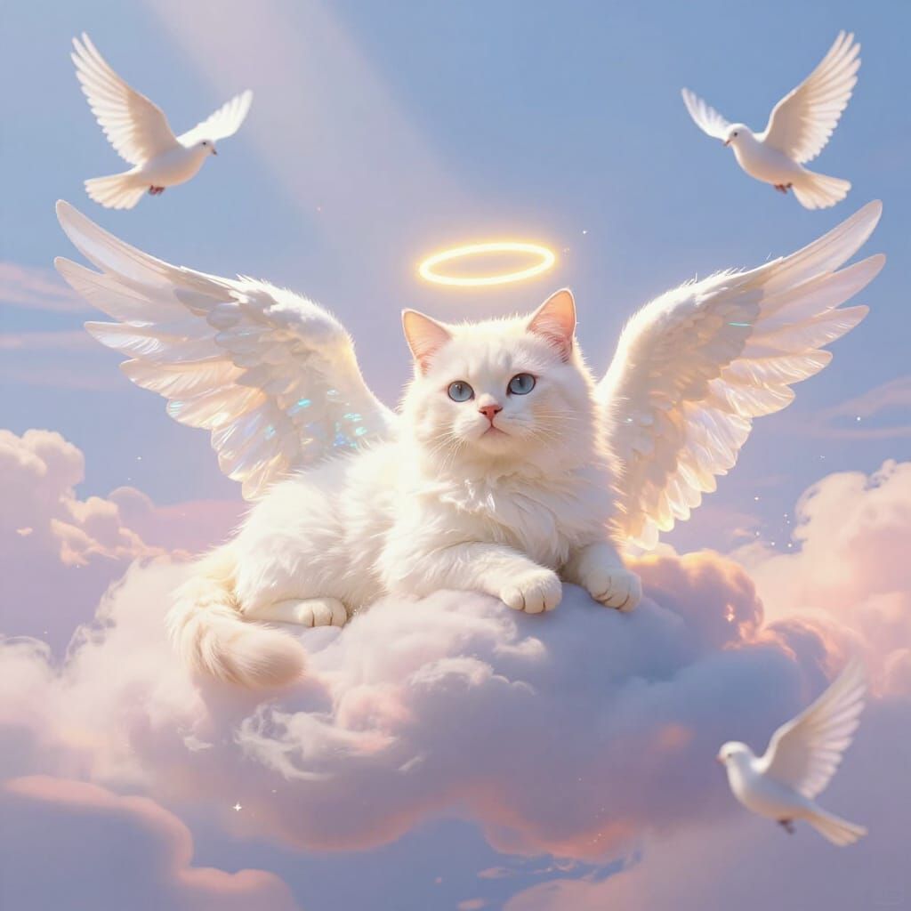 Angel Cat Rests on Cloud in Pastel Sky