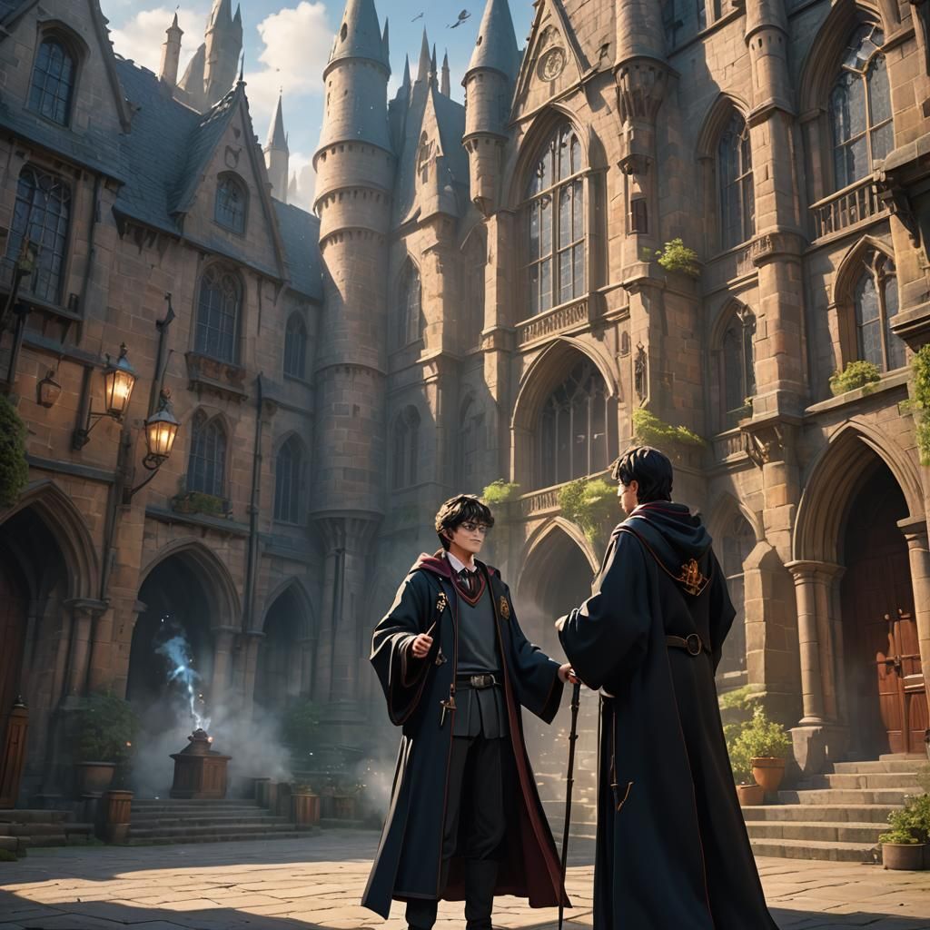 Harry Potter in Hogwarts Courtyard: Anime Concept Art