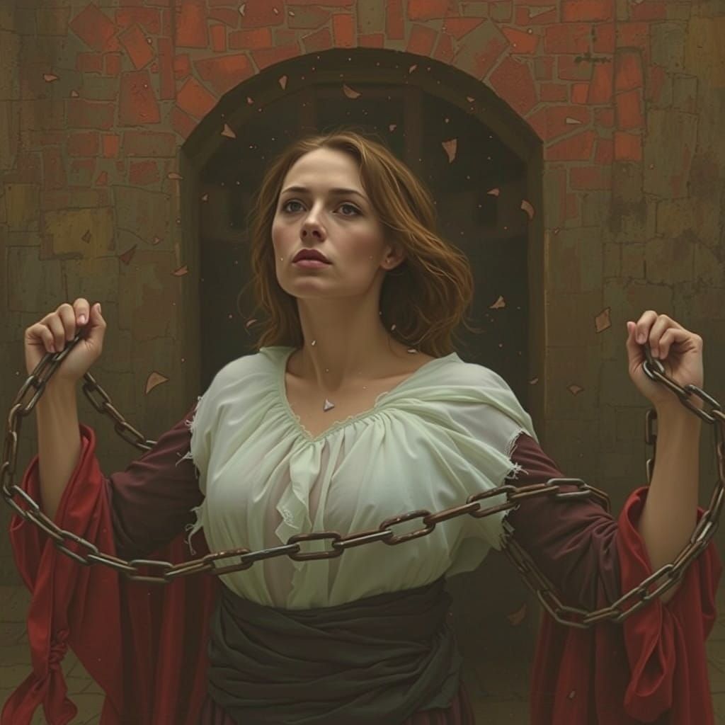 Tall Woman Shatters Chains of a Gothic European Landscape