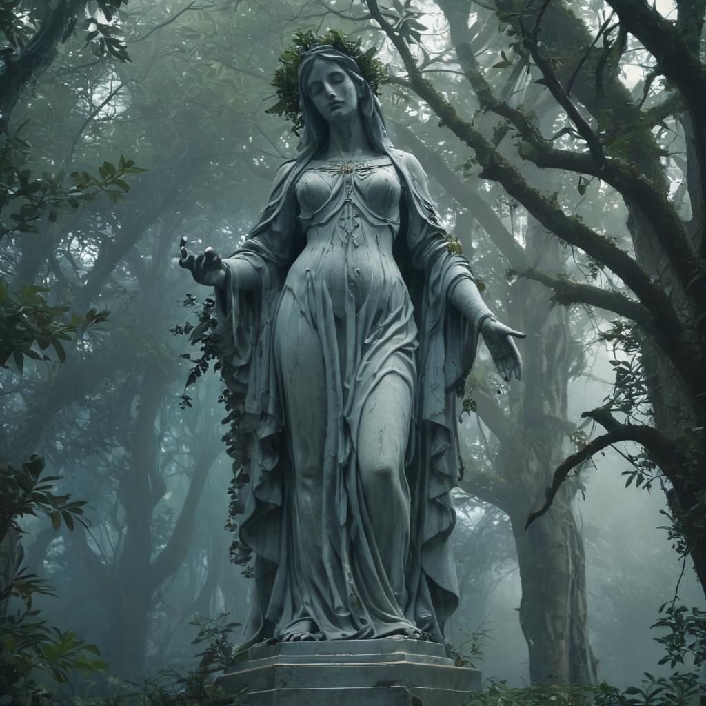 Eerie Marble Virgin Statue in Dark Fantasy Style