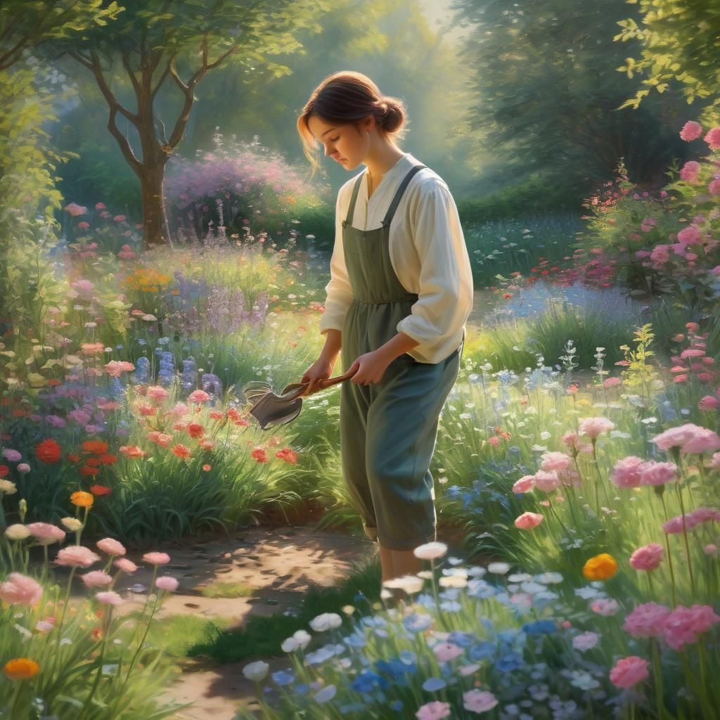 Impressionist Garden Scene with Leander Planting