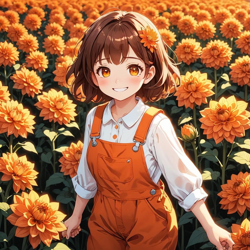 Little Girl in Orange Overalls with Dahlias, Anime-Style Dra...