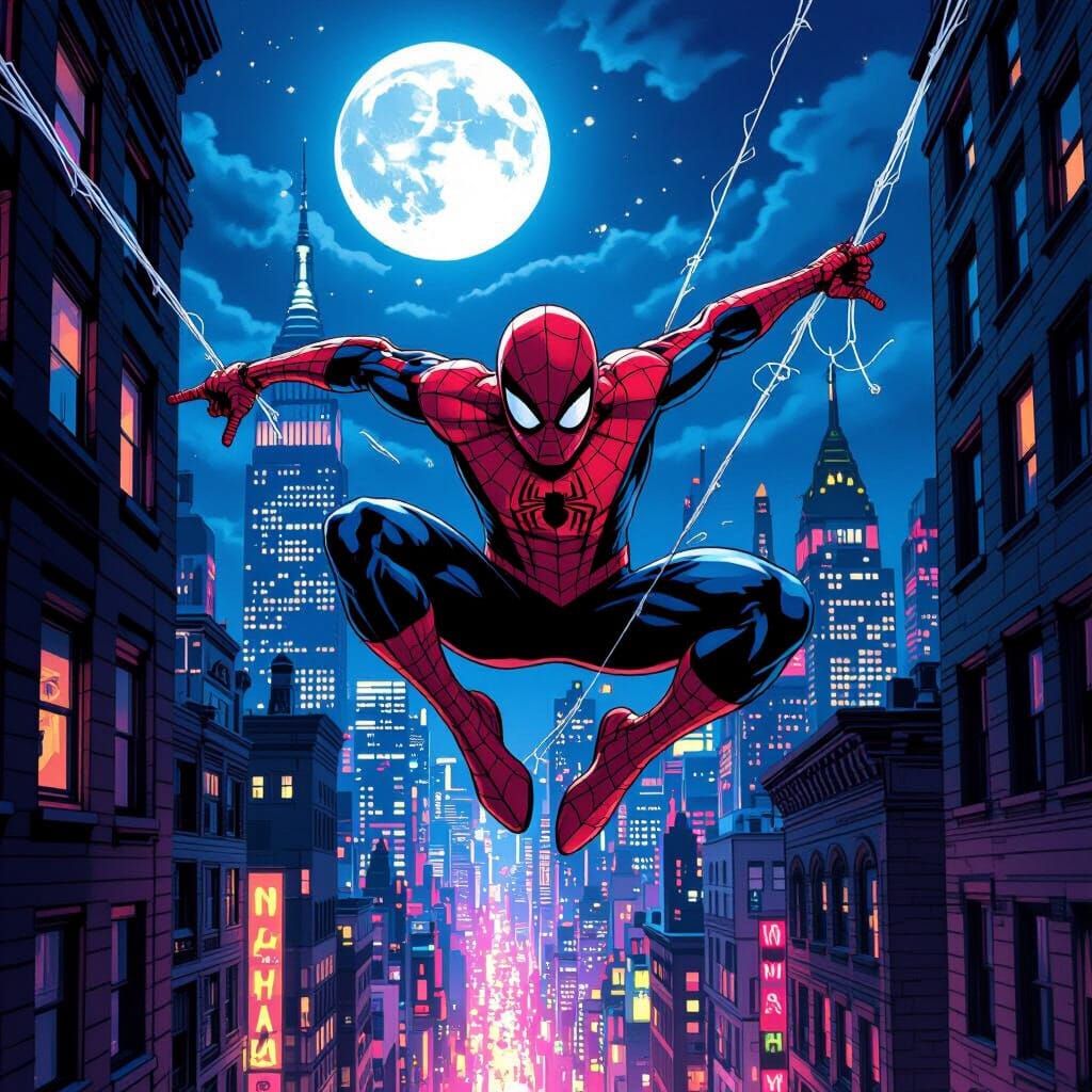 Spiderman Swinging Through Neon NYC Night, Comic Art Style