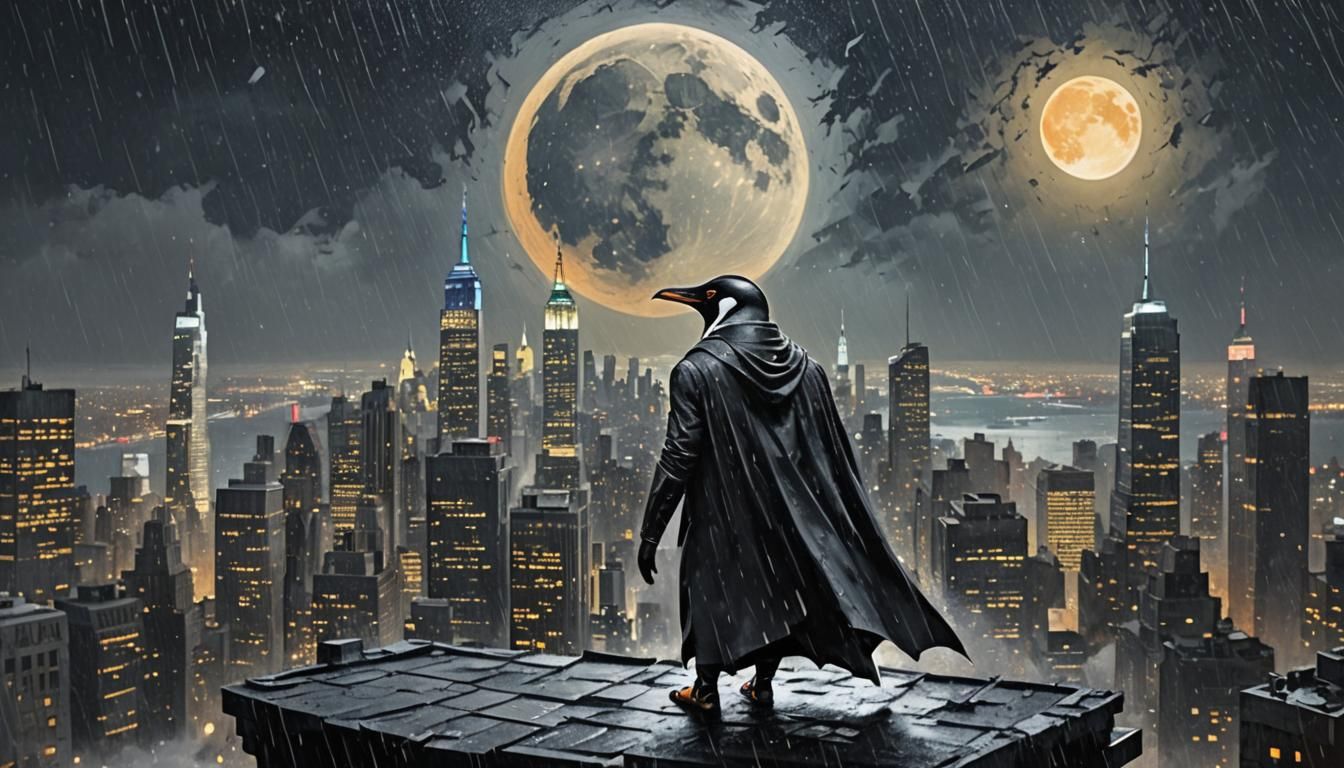 Penguin Superhero Overlooking Rainy City at Night