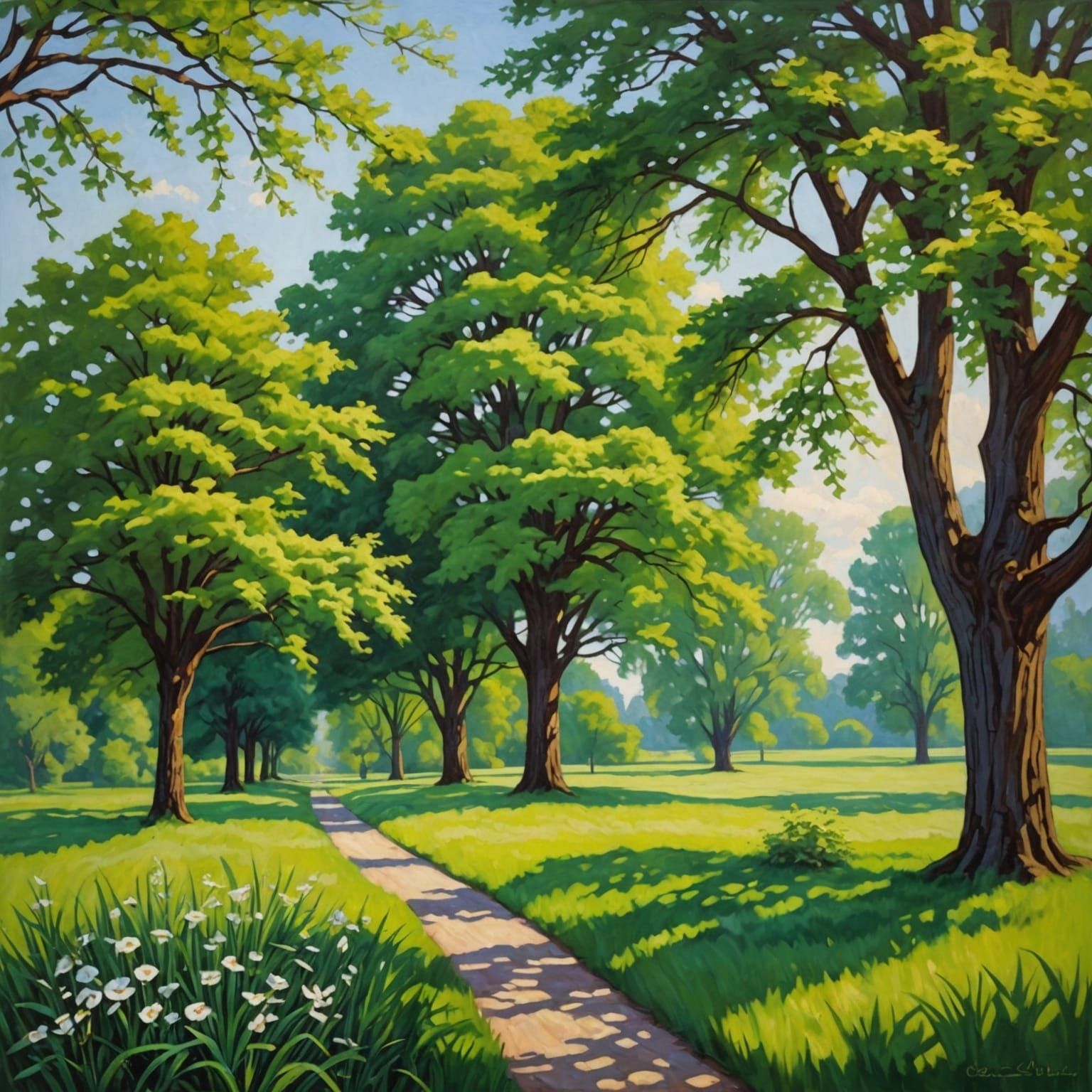 Art Deco Oil Painting of Trees and Grass