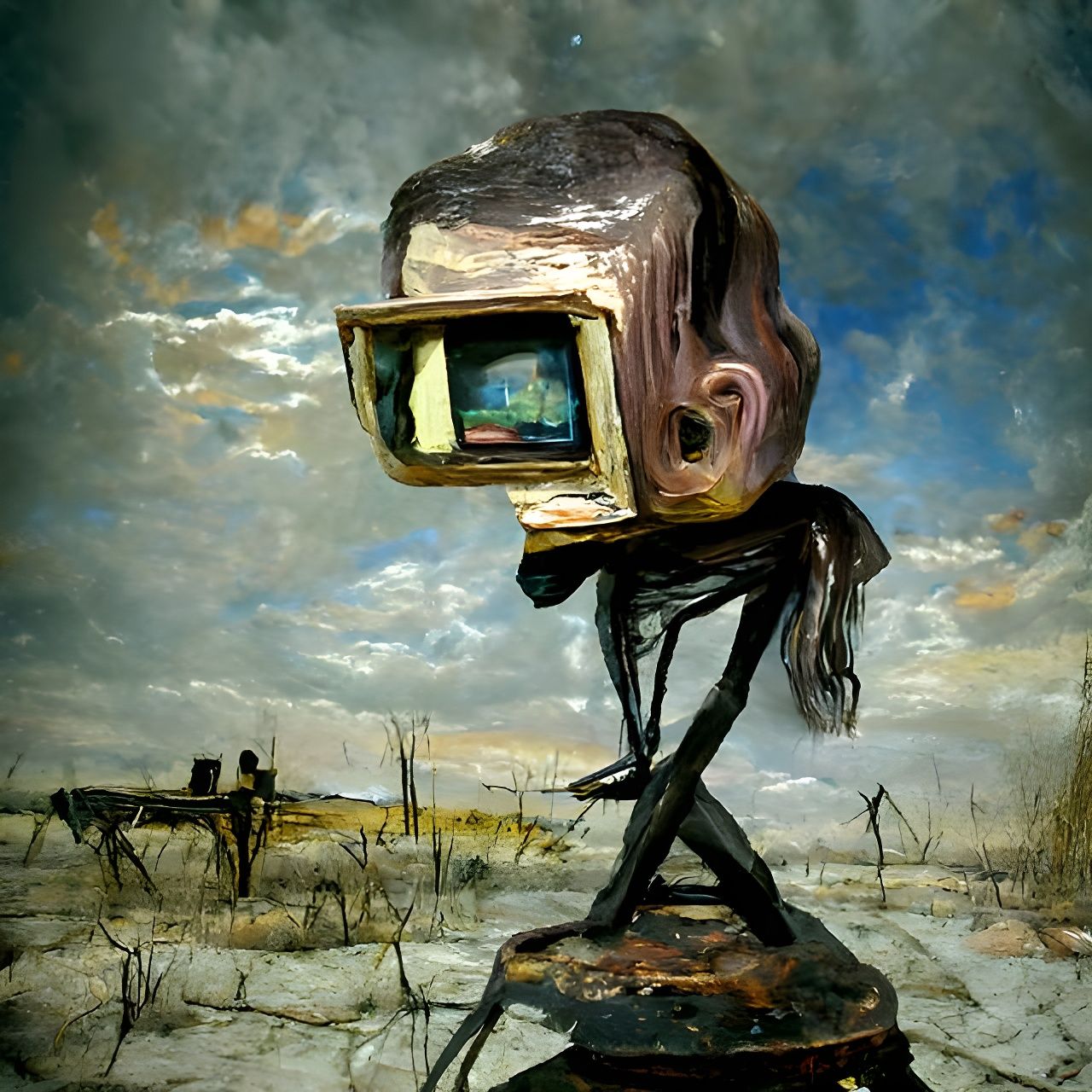 Surreal TV Head Figure in Wasteland Landscape