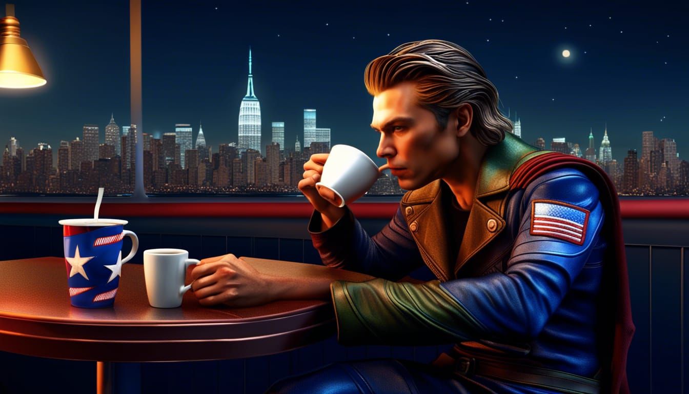 Captain America Drinks Coffee in Queens: 8K Art
