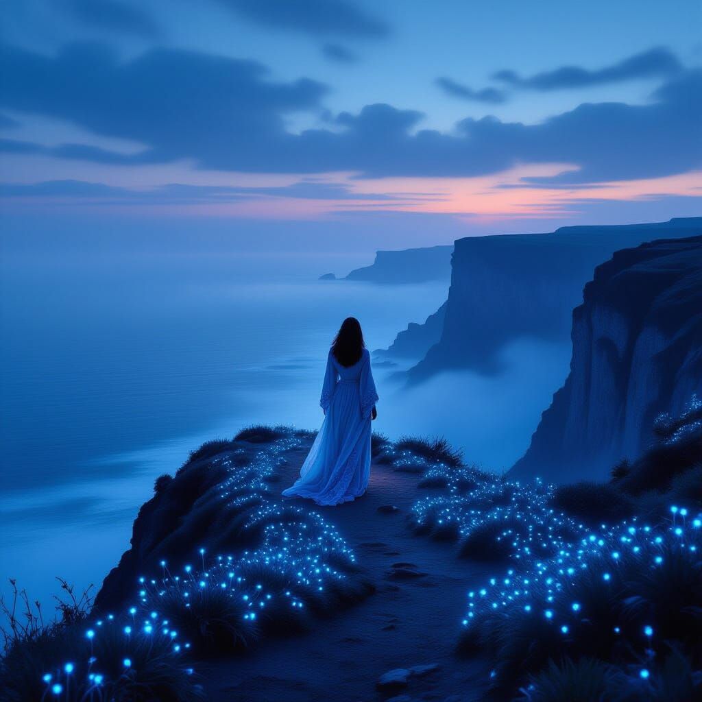 Woman on Cliff Overlooking Ethereal Ocean at Twilight