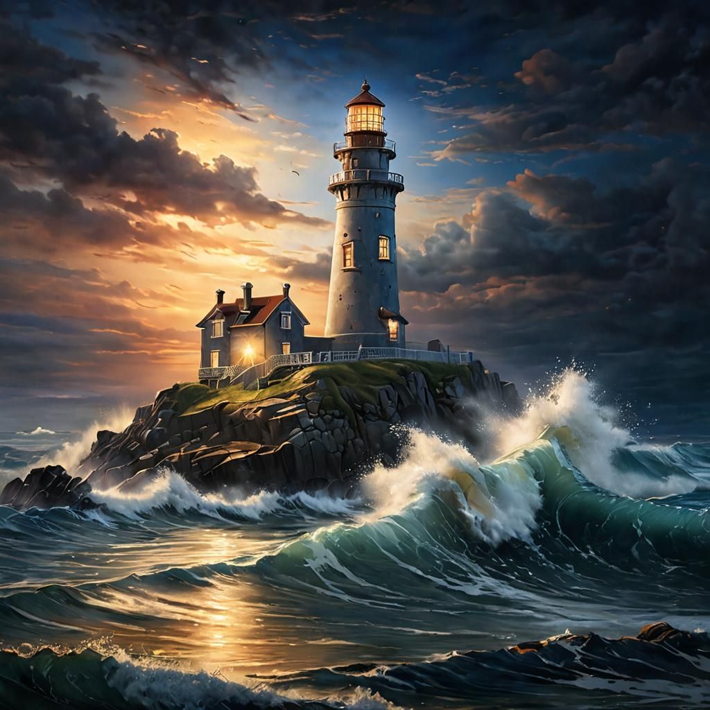 Twilight Lighthouse Seascape in Hyperrealistic Style