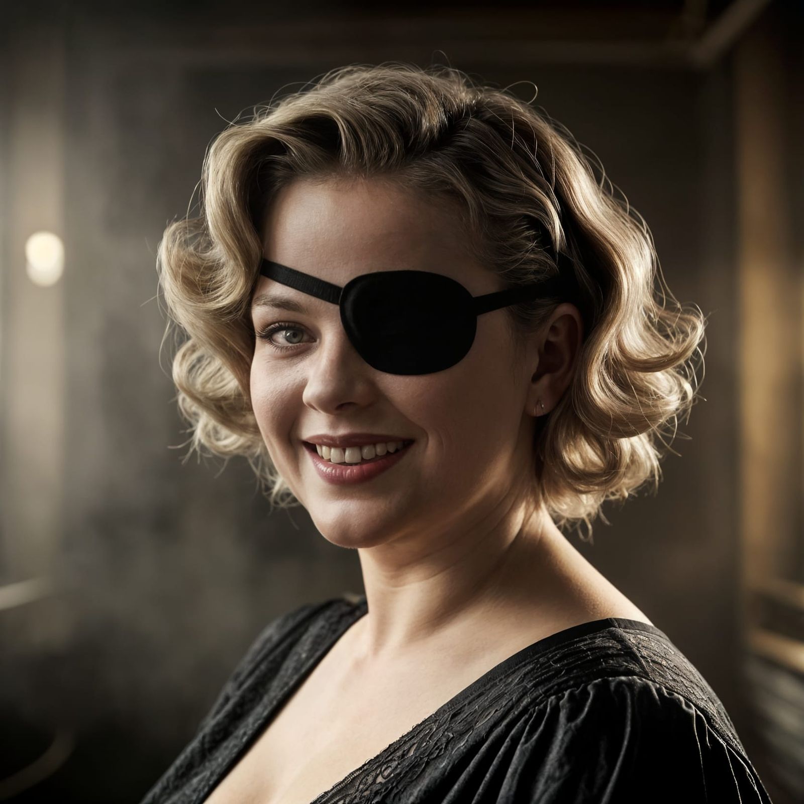 Elegant Woman in Eyepatch with Golden Lighting