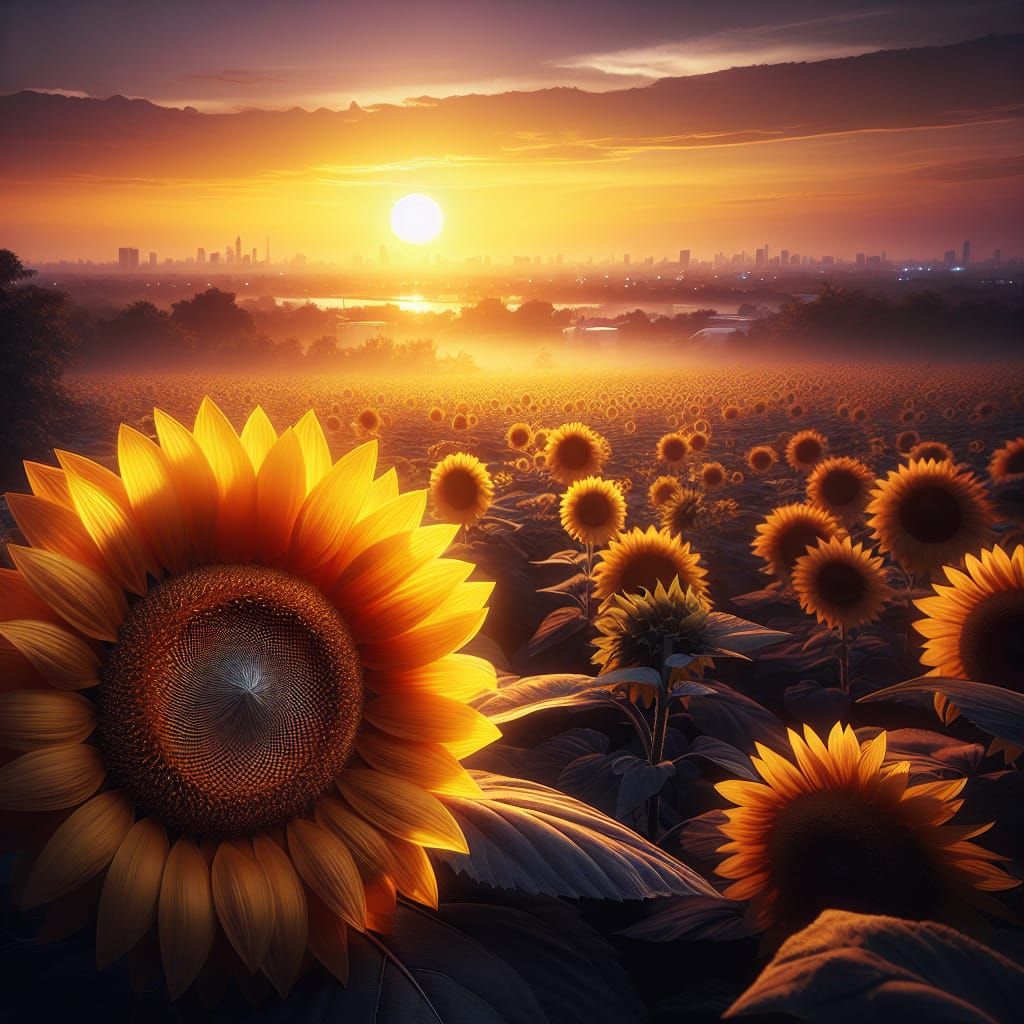 Vibrant Sunflower Field at Golden Sunset: Hyperrealistic Ima...