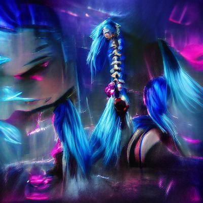 League of Legends, Jinx with long blue hair going down her back in two braids. A blue crystal is the power of the entire...