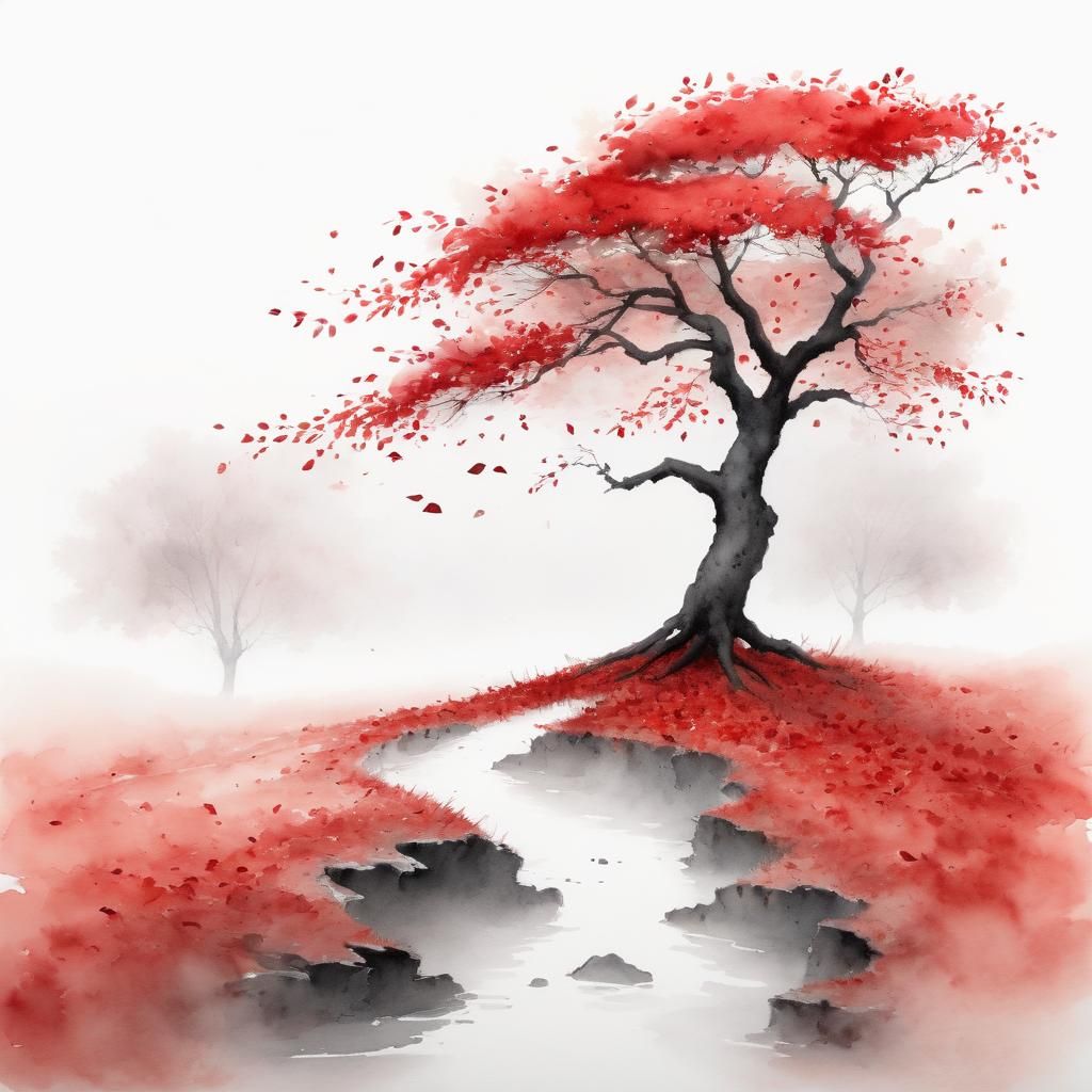 Ancient Tree in Autumn Mist, Sumi-e Style