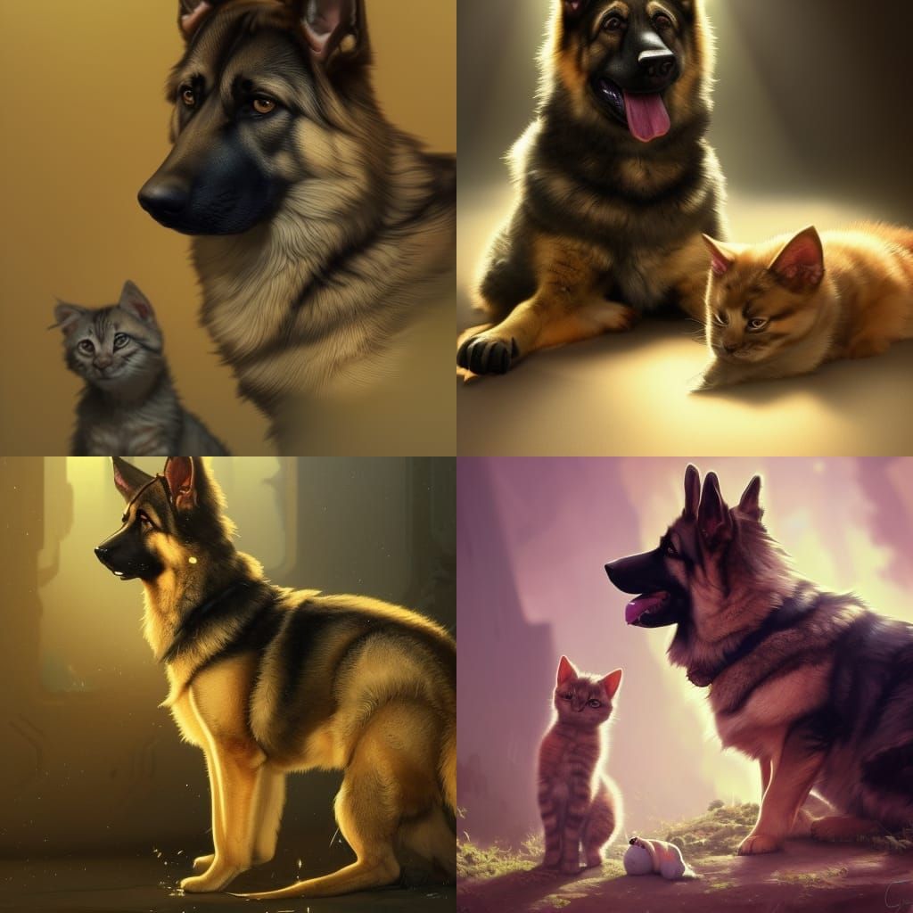 German Shepherd and Kitten, Hyperdetailed Concept Art