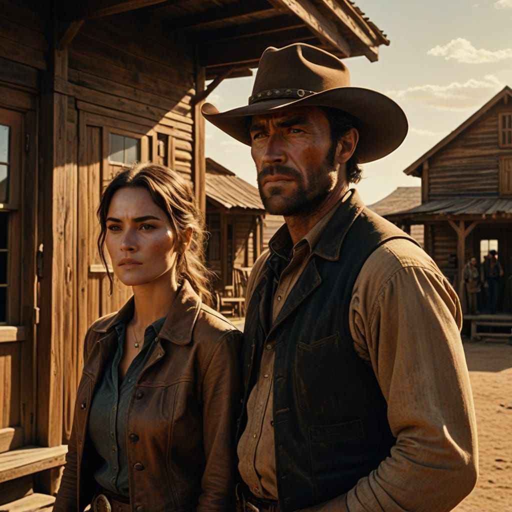 Cowboy and Woman at Saloon in Western Style