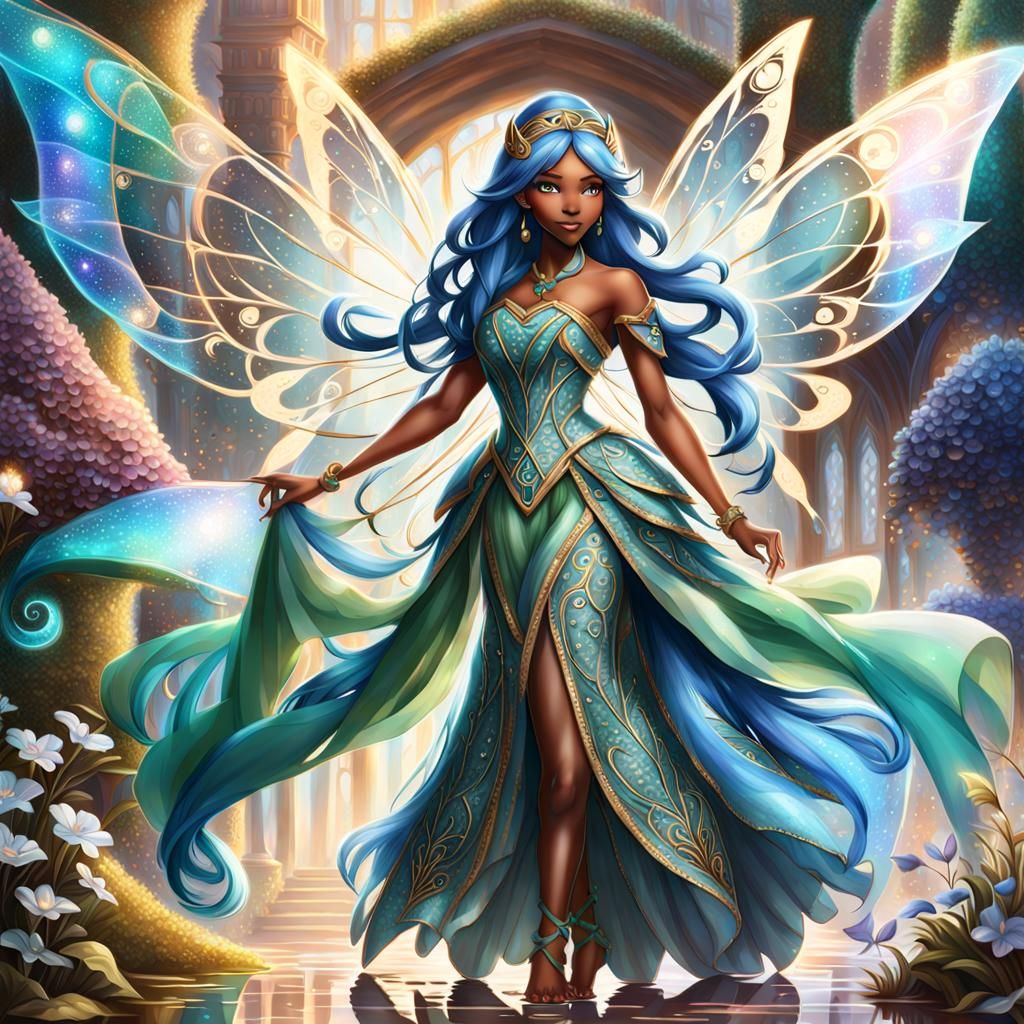 Plus Size Blue-Haired Fairy in Ethereal Fantasy Style