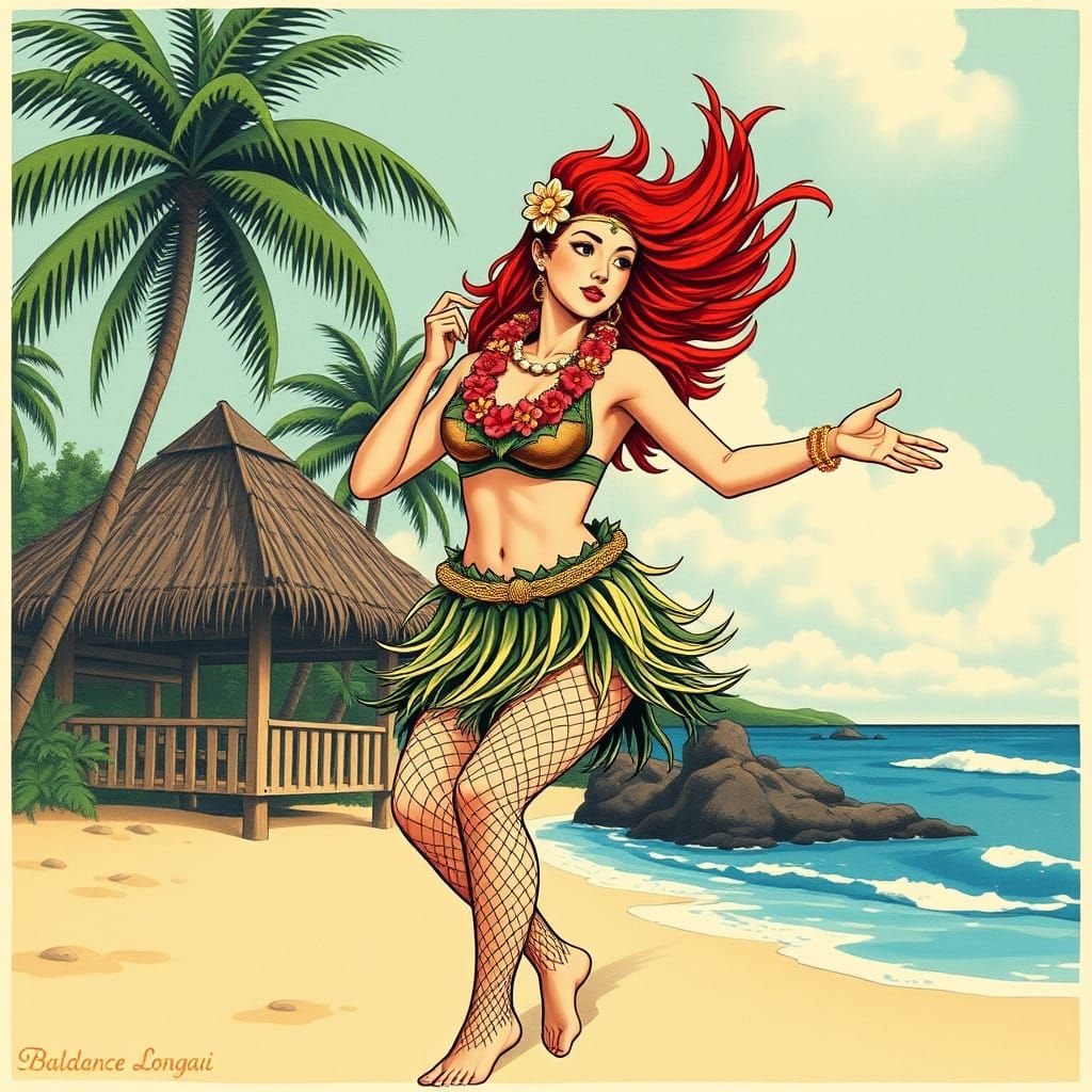 Hula Dancer on Hawaiian Beach in Ukiyo-e Style