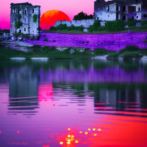 Violet Plants Envelop Ruined City at Sunset
