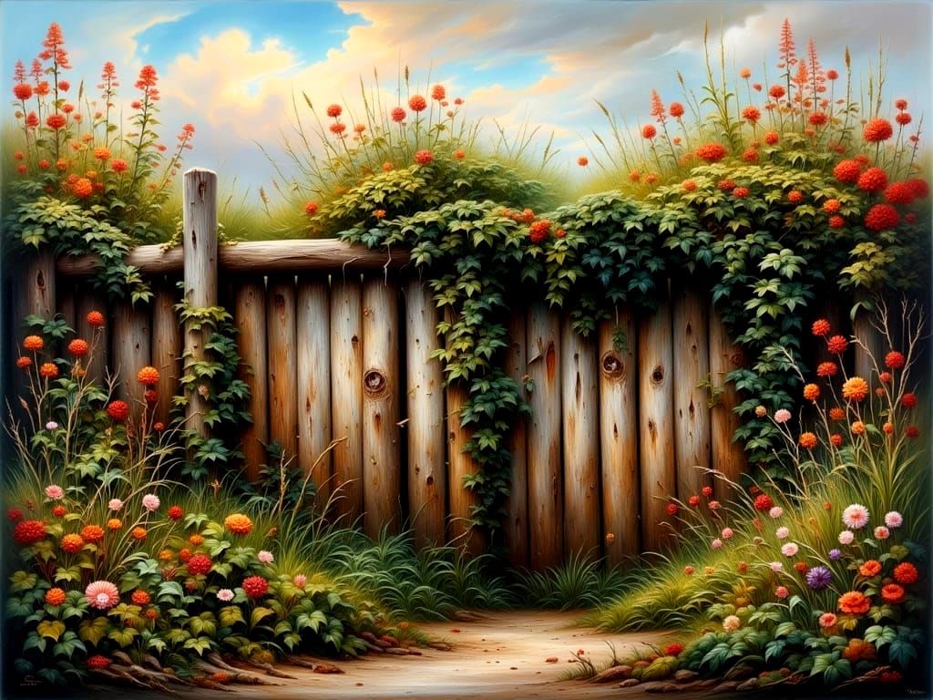 Rustic Country Fence Overgrown with Vibrant Wildflowers