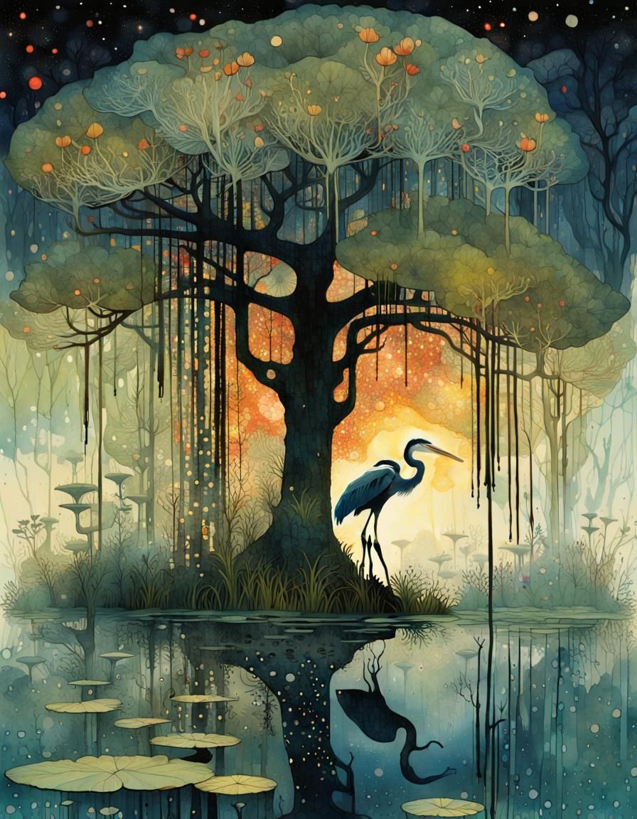 Tree of Life with Heron in Dark Fantasy Style