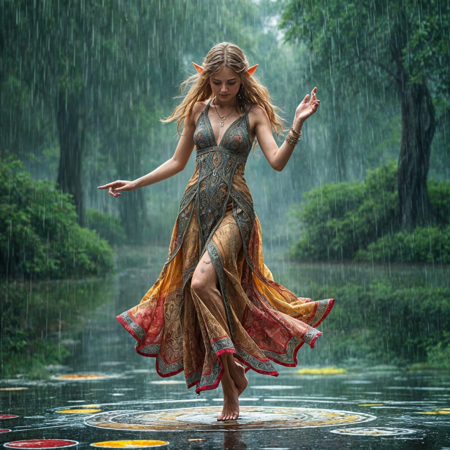 Ethereal Elf Maiden Dancing in Vibrant Rain