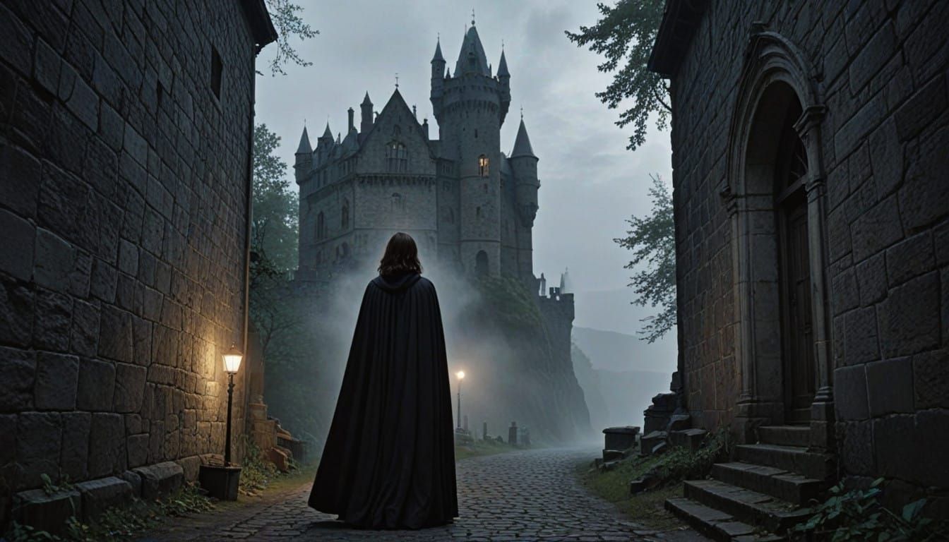 Heroine Stands Confidently at Dracula's Castle Entrance