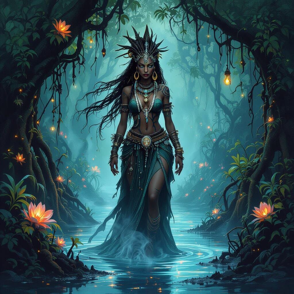 Voodoo Priestess in Bioluminescent Mangrove Forest