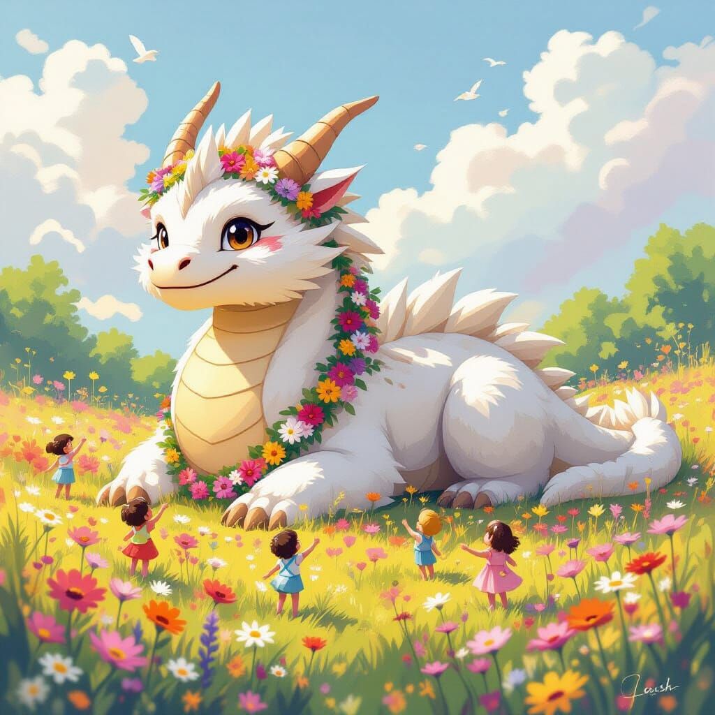 Fluffy Dragon in Meadow with Playing Children