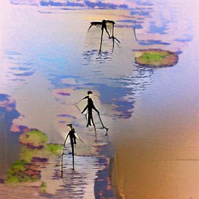 Figures on Stilts Walking Over Water