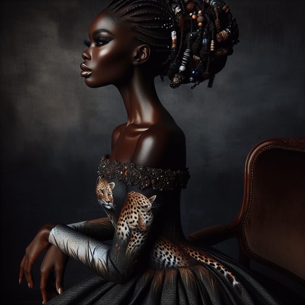 A stylish woman with intricate braided hairstyle with beads and textures wearing an off the shoulder painted leopard in ...