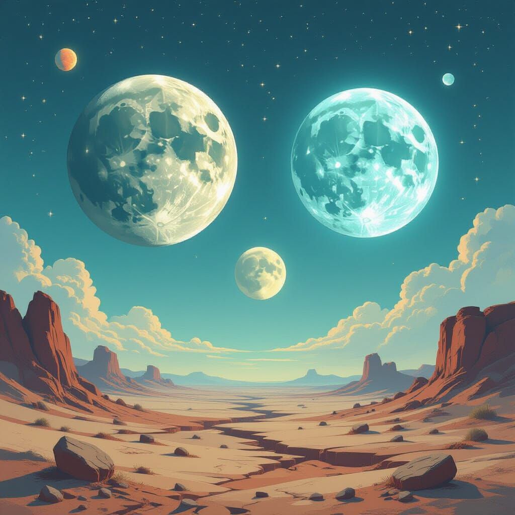 Surreal Sky With Three Unique Moons