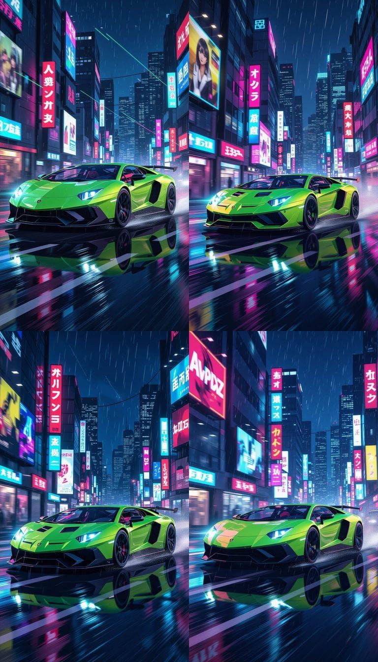 Neon Lamborghini in Cyberpunk City, Anime Style