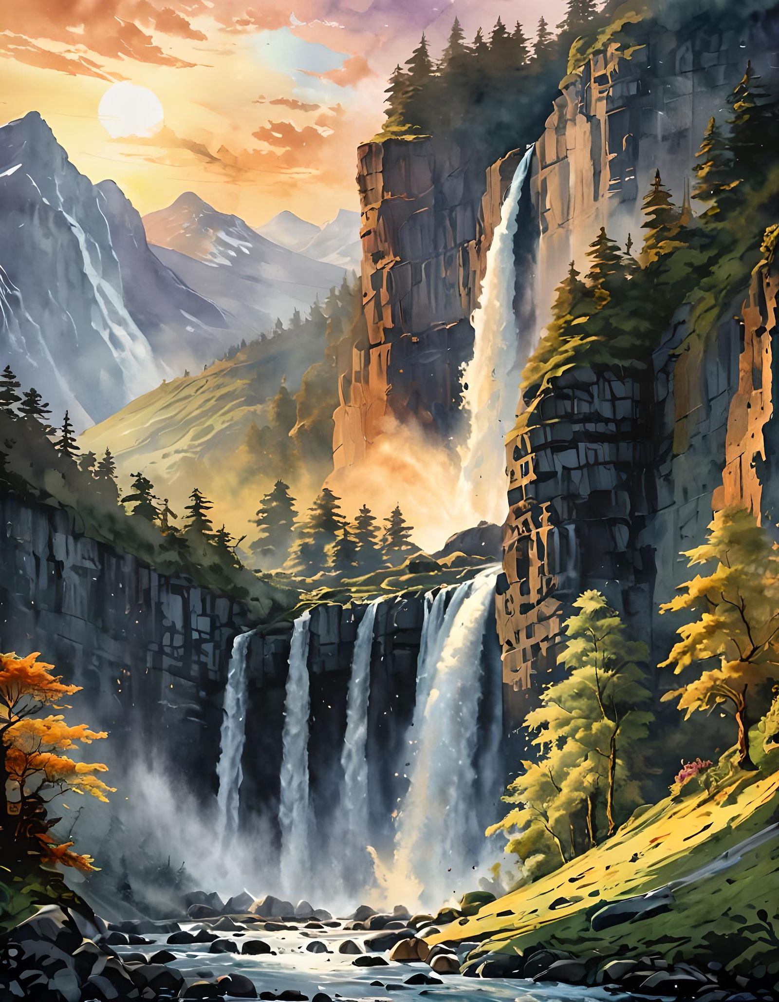 Vibrant Sunrise Over Majestic Waterfall in Watercolour