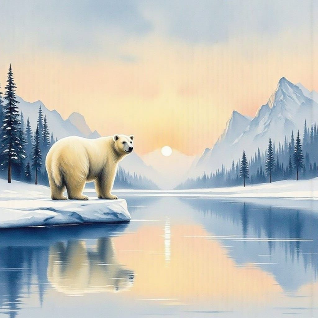 Majestic Polar Bear Reflection in Ethereal Arctic Watercolor