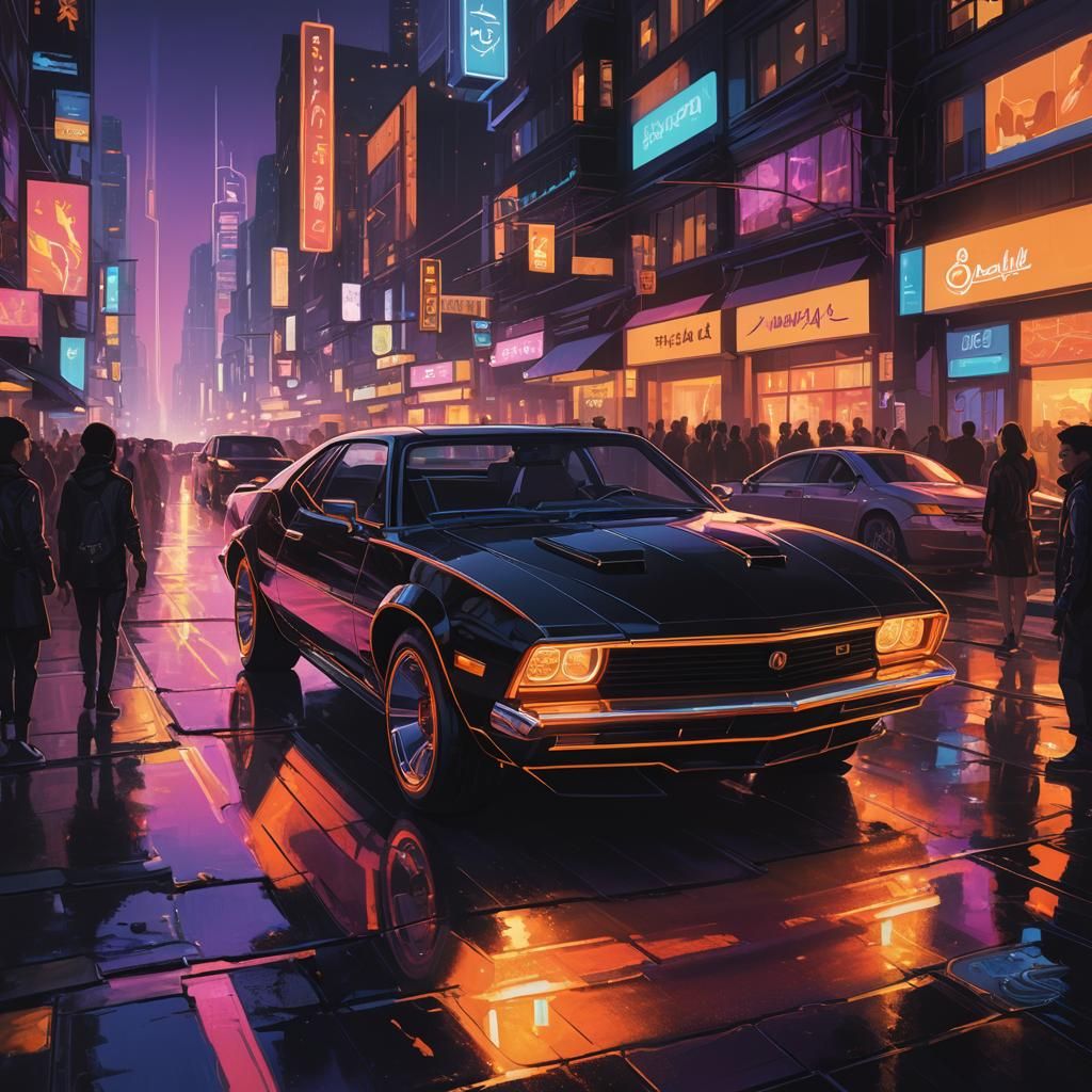 Sleek Car with Neon Aura in Cityscape