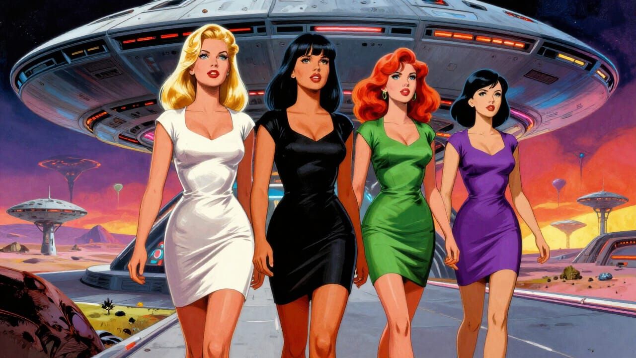 Retro Sci-Fi Heroines Emerge From Spaceship on Alien World
