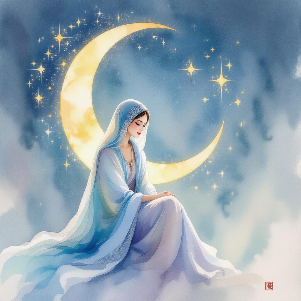 Serene Figure in Ethereal Moon Glow, Watercolor Style