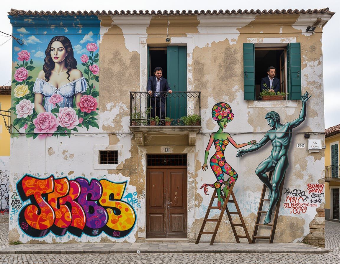 Surreal Street Art Extravaganza on Historic Building