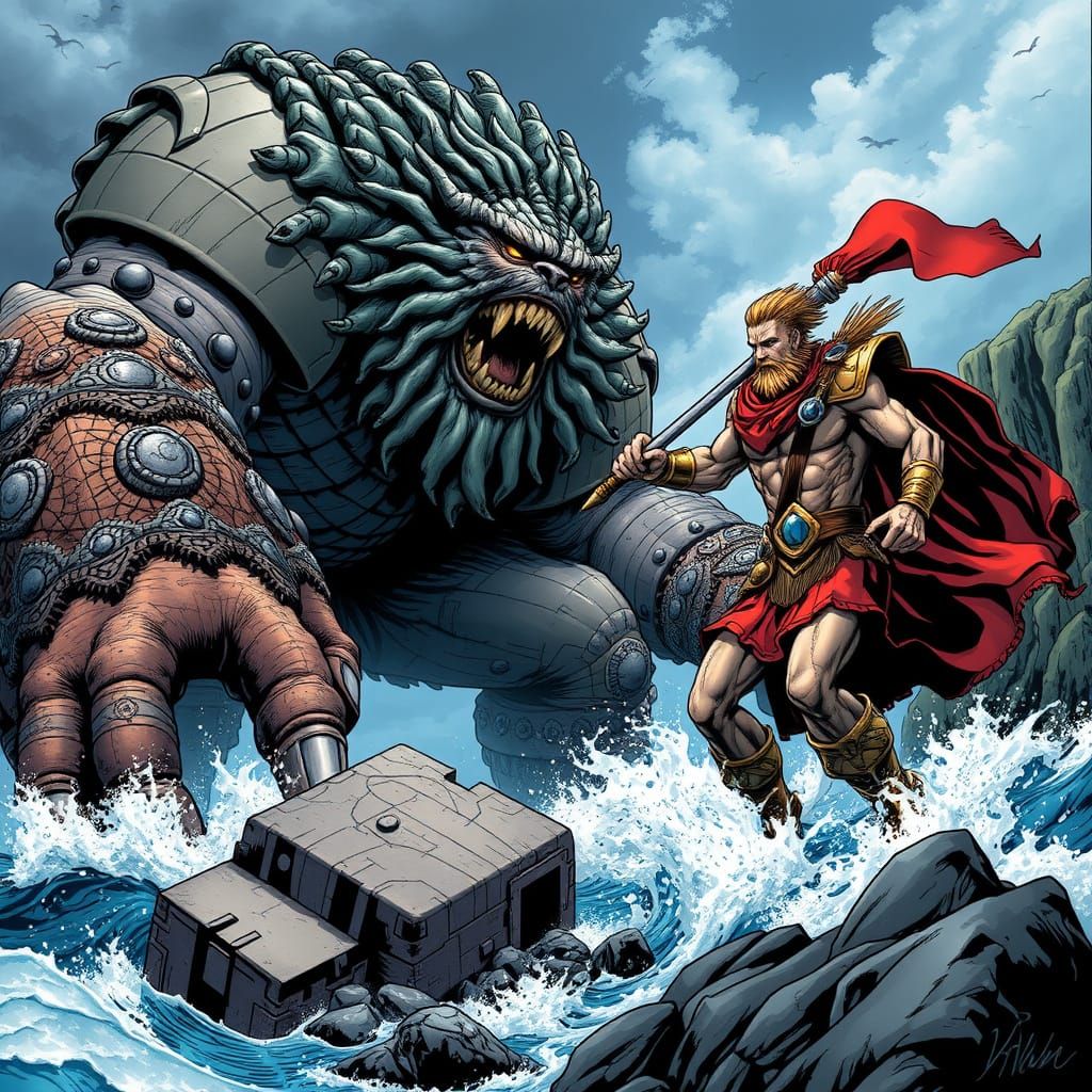 Celtic Giant Battles Greek Warrior on Stormy Cornish Coast i...