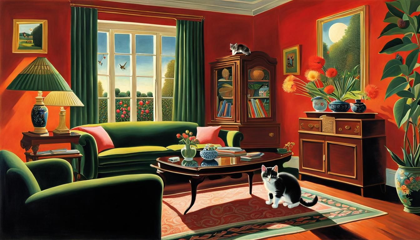 Kitten Chaos in Living Room: Rousseau-Inspired Digital Art