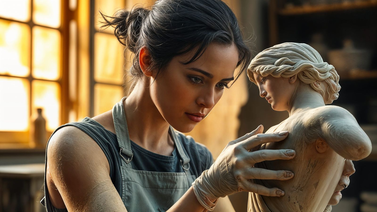 Sculptor Focused on Her Creation: Brushstroke-Intensive Port...