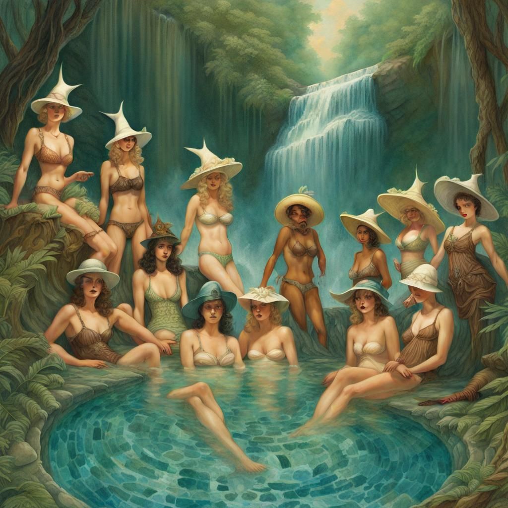Nymphs Bathing in Steamy Waterfall Forest