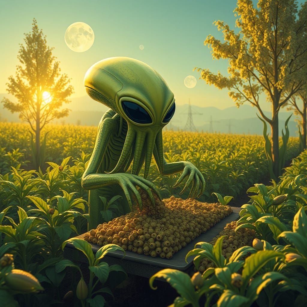 Cephalopod Alien Farming Hive Harvests Crops in Morning Ligh...