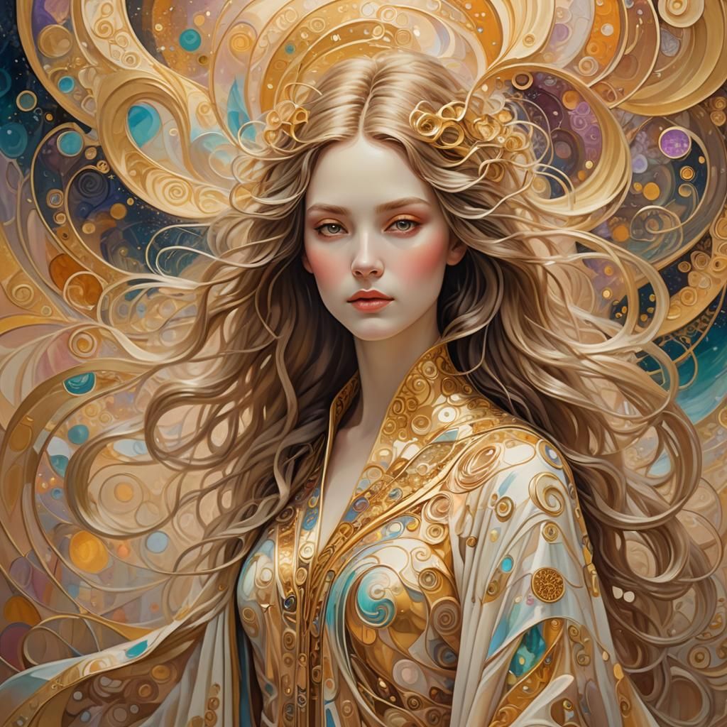 Dreamlike Woman with Fractals: Symbolist Gold Painting