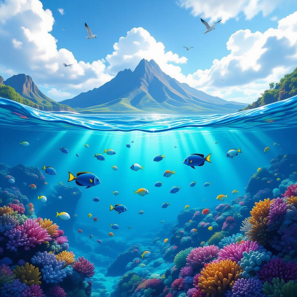 Ocean View with Fish, Coral and Birds in Hyperrealism