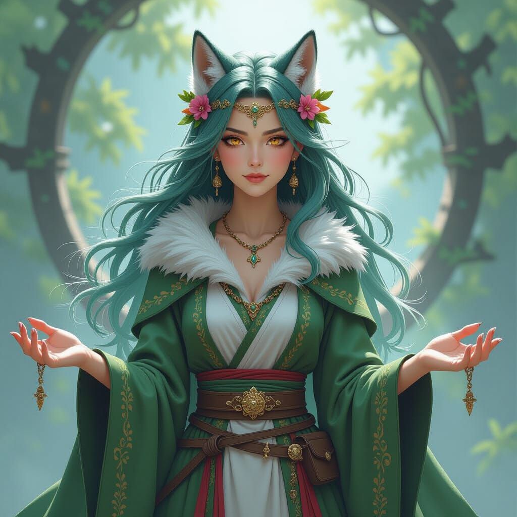 Druid of Beasts: Green Hair, Silver Fur, Amber Eyes
