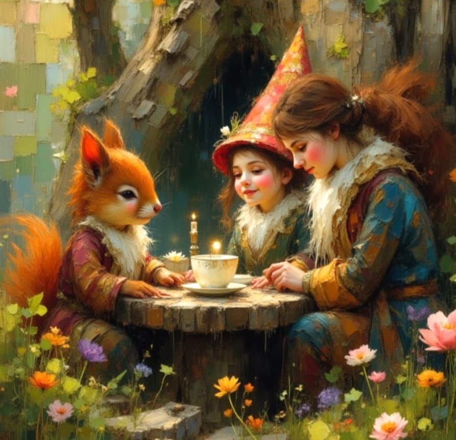 Gnome Tea Party in Dreamy Impasto Style