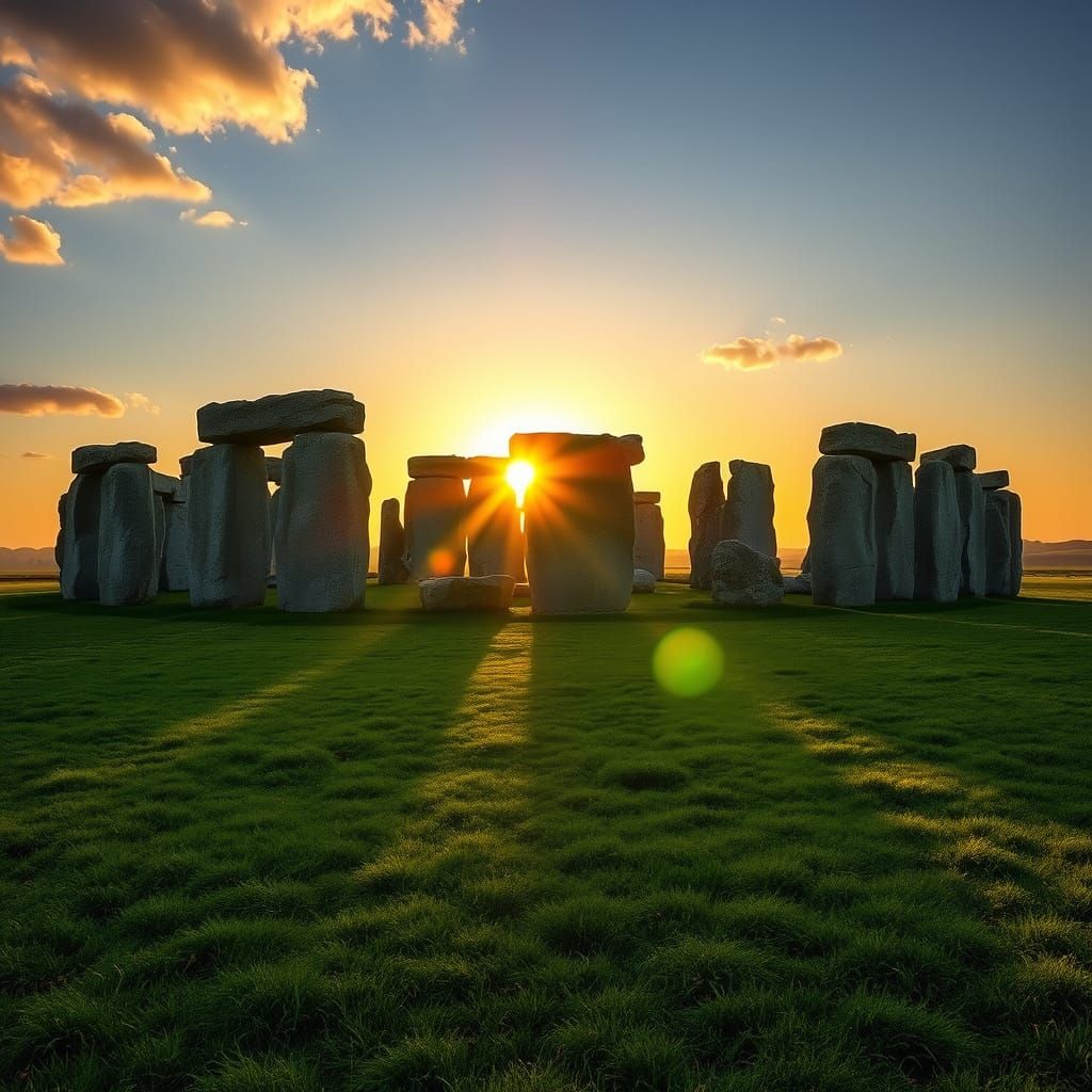 Stonehenge Sunset in Golden Light: Photorealistic Image